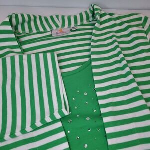 Quacker‎ Factory 3/4 Sleeve Duet Green Stripe Attached Tank w/Embellishments 1X